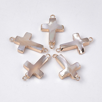 Electroplate Trochus Shell Links connectors, with Iron Findings, Cross, Golden, Tan, 25x14x4mm, Hole: 2mm