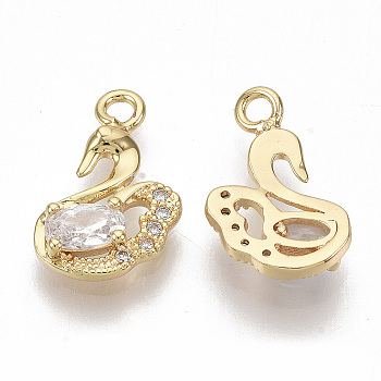 Brass Cubic Zirconia Charms, Nickel Free, Swan, Clear, Real 18K Gold Plated, 13.5x9x2.5mm, Hole: 1.6mm