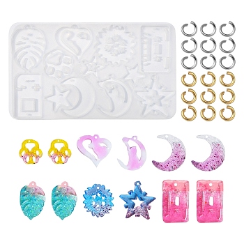 DIY Pendant Resin Craft Making Kits, including 1Pc Pendant Silicone Molds, 200Pcs Jump Rings, White, Mold: 75x130x4mm, Hole: 1mm, Inner Diameter: 17mm, Jump Rings: 5x0.8~1mm