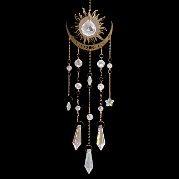 1Pc Metal Moon Hanging Ornaments, Cone Glass Tassel Suncatchers for Outdoor Garden Decorations, Sun, 450mm