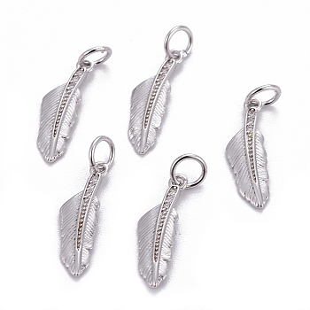 Brass Pendants, with Cubic Zirconia, Feather, Clear, Platinum, 17x5x1mm, Hole: 3.5mm