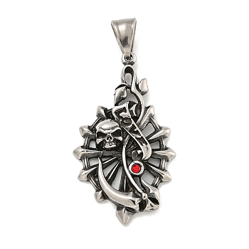 316 Surgical Stainless Steel Pendants, with Rhinestone, Skull Charm, Antique Silver, 42.5x24.5x4.5mm, Hole: 5x8mm