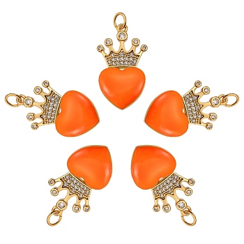5Pcs Eco-Friendly Brass Micro Pave Cubic Zirconia Pendants, with Enamel & Jump Ring, Real 18K Gold Plated, Long-Lasting Plated, Heart & Crown, Dark Orange, 25x14.5x4mm, Hole: 3.6mm