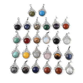 Natural & Synthetic Mixed Gemstone Pendants, with Rack Plating Brass Findings, Cadmium Free & Lead Free, Flat Round & Flower, 34~34.5x25.5~26x8.5~9mm, Hole: 8x5.5mm