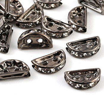 Brass Crystal Rhinestone Spacer Bars, Half Round, 2-Hole, Gunmetal, 12.5x3.5x7mm, Hole: 1.4mm