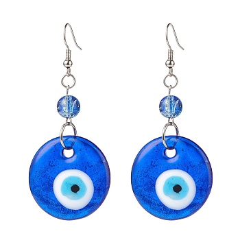 Lampwork Evil Eye Dangle Earrings, Brass Jewelry for Women, Blue, 67.5~68mm, Pin: 0.5mm