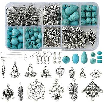 Tibetan Style Chandelier Components and Pendants with Synthetic Turquoise Beads Sets, Antique Silver, 8~40x6~24x1~5mm, Hole: 1~4mm