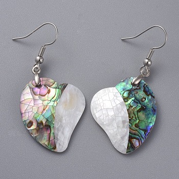 White Shell & Abalone Shell/Paua Shell Dangle Earrings, with Brass Ice Pick Pinch Bails and Earring Hooks, Heart, Platinum, 50mm, Pin: 0.7mm
