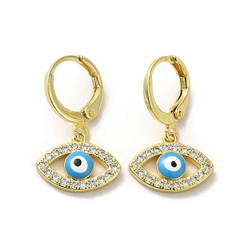 Horse Eye Real 18K Gold Plated Brass Dangle Leverback Earrings, with Enamel and Cubic Zirconia, Deep Sky Blue, 23.5~24x14.5mm