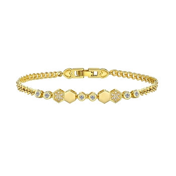 Brass Micro Pave Cubic Zirconia Bracelets for Women, Curb Chain Bracelet, Golden, Hexagon, 7-7/8 inch(20cm)
