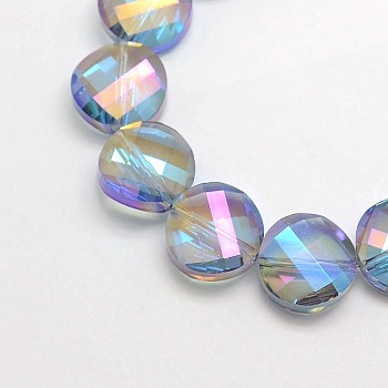 Electroplate Crystal Glass Flat Round Beads Strands, Faceted, Rainbow Color Plated, Sky Blue, 14mm, Hole: 1mm, about 50pcs/strand, 27.5 inch