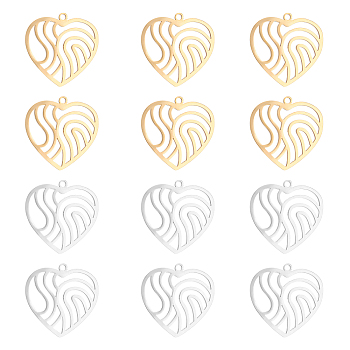 12Pcs 2 Colors 201 Stainless Steel Filigree Charms, Heart with Wavy, Golden & Stainless Steel Color, 22x22x1mm, Hole: 1.4mm, 6pcs/color