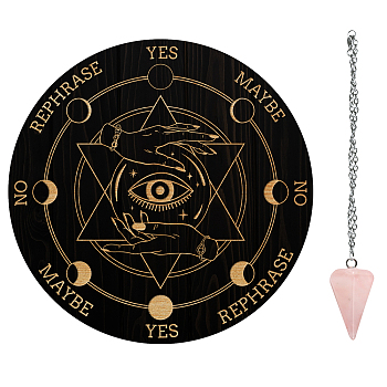 AHADEMAKER 1Pc Cone/Spike/Pendulum Natural Rose Quartz Stone Pendants, 1Pc 304 Stainless Steel Cable Chain Necklaces, 1Pc PVC Custom Pendulum Board, Dowsing Divination Board, Palm Pattern, Board: 200x4mm