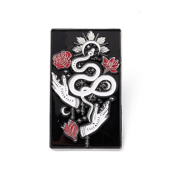 Snake & Flowers & Hands Enamel Pin, Platinum Brass Rectangle Brooch for Backpack Clothes, Red, 38x23x2mm, Pin: 1.2mm.