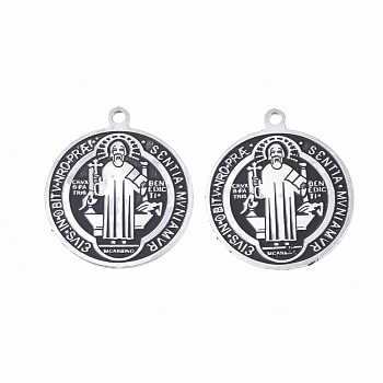 304 Stainless Steel Pendants, with Enamel, Enamelled Sequins, Flat Round with Saint Benedict Medal, Stainless Steel Color, 28x25x0.7mm, Hole: 2mm
