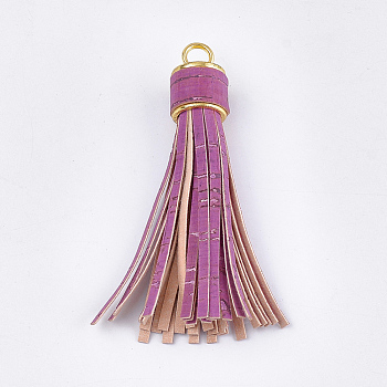 PU Leather Tassel Big Pendants Decorations, with Alloy Findings, Wood Grain, Golden, Medium Violet Red, 90~94x16~16.5mm, Hole: 6mm