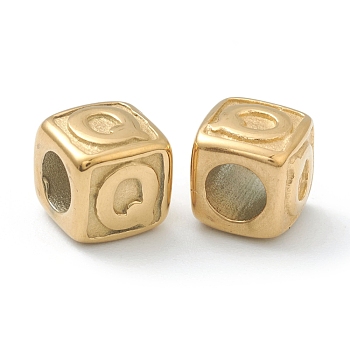 304 Stainless Steel European Beads, Large Hole Beads, Horizontal Hole, Cube with Letter, Golden, Letter.Q, 8x8x8mm, Hole: 4mm