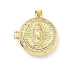Brass Micro Pave Clear Cubic Zirconia Locket Pendants, Flat Round with Virgin Mary Charms, Real 16K Gold Plated, 24.5x24x10mm, Hole: 4.5x3.5mm, Tray: 19mm(KK-P350-24G)