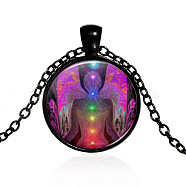 Chakra Theme Yoga Human Glass Pendant Necklace, Alloy Jewelry for Women, Electrophoresis Black, 15.75 inch~19.72 inch(40~50.1cm)(CHAK-PW0001-023D)