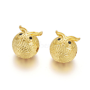 Brass Beads, with Cubic Zirconia, Long-Lasting Plated, Owl, Golden, 12x11mm, Hole: 1.6mm(ZIRC-L088-20B-G)