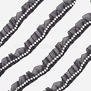 Polyester Lace Trim, with Imitation Pearl Beads, Flat, Black, 1-1/8 inch(28mm), 10yard/card(OCOR-WH0075-17B)