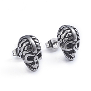 Retro 304 Stainless Steel Stud Earrings, with Ear Nuts, Skull, Antique Silver, 13x8mm, Pin: 0.6mm(EJEW-L248-044AS)
