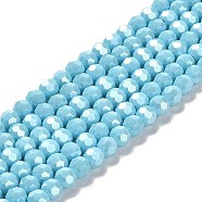 Electroplate Opaque Glass Beads Strands, Faceted(32 Facets), Pearl Luster Plated, Round, Light Sky Blue, 6mm, Hole: 1mm, about 98~100pcs/strand, 20.39~20.59 inch(51.8~52.3cm)(EGLA-A035-P6mm-A08)