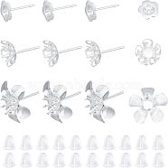 Flower 304 Stainless Steel Stud Earring Findings, 5-Petal, with Plastic Ear Nuts, Silver, Earring: 30pcs, Ear Nuts: 30pcs(STAS-UN0016-99S)