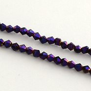 Electroplate Glass Bead Strands, Rainbow Plated, Faceted Bicone, Purple Plated, 4x4.5mm, Hole: 1mm, about 82~85pcs/strand, 30.5~31cm(EGLA-R094-4mm-05)