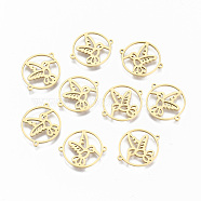 304 Stainless Steel Links Connectors, Laser Cut, Flat Round with Bird, Real 18K Gold Plated, 15x18x1mm, Hole: 0.8mm(STAS-S116-097G)