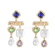 Imitating Pearl & Glass Heart & Teardrop Chandelier Earrings, Golden Alloy Jewelry, Gold, 65x28mm, Pin: 0.65mm(JE1114A)