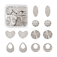24Pcs 6 Style 304 & 201 Stainless Steel Pendants, Textured, Oval & Heart & Flat Round & Teardrop, Stainless Steel Color, 20~38x16~32x0.7~2mm, Hole: 1.4~2mm, 4pcs/style(STAS-TA0004-79)