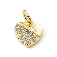 Brass Micro Pave Clear Cubic Zirconia Heart Charms, with Open Jump Rings, Real 18K Gold Plated, 8.5x7.5x1.5mm, Jump Ring: 4.5x0.7mm, Inner Diameter: 3mm (ZIRC-F132-59G)