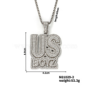 Hip-hop style Street Dance Alloy Crystal Rhinestone Alphabet US BOYZ Pendant Necklaces, Platinum, 23.62 inch(60cm)(RC6979-2)