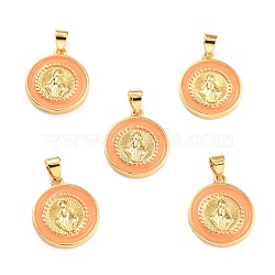 Brass Enamel Pendants, Cadmium Free & Lead Free, Long-Lasting Plated, Flat Round with Virgin Mary, Real 18K Gold Plated, Orange, 18x16x2.5mm, Hole: 4.5x3.5mm(KK-P209-03G-07-RS)