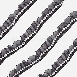 Polyester Lace Trim, with Imitation Pearl Beads, Flat, Black, 1-1/8 inch(28mm), 10yard/card(OCOR-WH0075-17B)