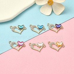 6Pcs 6 Colors Alloy Crystal Rhinestone Connector Charms, Heart Links with Acrylic Butterfly, Light Gold, Mixed Color, 14x23x3mm, Hole: 1.8mm, 1pc/color(FIND-YW0004-02)