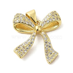 Brass Micro Pave Clear Cubic Zirconia Pendants, Bowknot, Real 16K Gold Plated, 19.5x18x5mm, Hole: 4mm(FIND-Z041-08G)