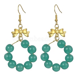 Imitation Jade Glass Beaded Ring Dangle Earrings, Golden Alloy Bowknot Long Drop Earrings, Dark Cyan, 63x32mm(EJEW-JE05567-03)