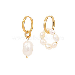 Stainless Steel Hoop Earring, Asymmetrical Earrings for Women, with Shell Pearl, Real 18K Gold Plated, No Size
(EP3542-1)