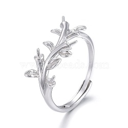 Anti-Tarnish Rhodium Plated 925 Sterling Silver Cuff Rings, Open Rings Components, For Half Drilled Beads, Branch, with 925 Stamp, Platinum, Size 7, 17.5mm, Pin: 0.8mm(STER-F048-14P)