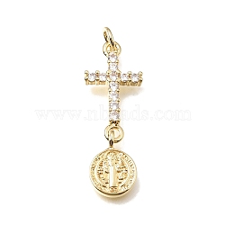 Easter Brass Micro Pave Clear Cubic Zirconia Pendants, Cross & Oval with St. Benedict Medal Charms, Lead Free & Cadmium Free, Rack Plating, Long-Lasting Plated, Real 18K Gold Plated, 34x12x2.5mm, Hole: 3.5mm(KK-E802-17G-A)