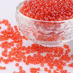 Glass Seed Beads, Trans. Colours Lustered, Round, Dark Orange, 3mm, Hole: 1mm, about 1111pcs/50g, 50g/bag, 18bags/2pounds(SEED-US0003-3mm-109B)