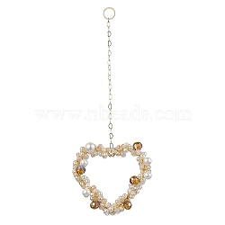 Heart Glass & Shell Pearl Beads Pendant Decorations, Brass Cable Chains Hanging Ornaments, Golden, 165mm(HJEW-JM01984)