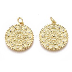 Brass Micro Pave Clear Cubic Zirconia Pendants, Long-Lasting Plated, Real 18K Gold Plated, With Jump Rings, Flat Round with Sun, 22x20x2mm, Hole: 3mm, Jump Ring: 5x1mm(ZIRC-Z008-28G)