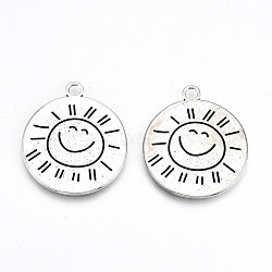 Tibetan Style Alloy Pendants, Lead Free & Cadmium Free, Flat Round with Sun Pattern, Back with Word, Antique Silver, 27.5x24x1mm, Hole: 2.5mm(X-TIBE-S323-017AS-RS)