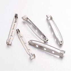 Platinum Plated Iron Brooch Findings, Back Bar Pins, with Three Holes, 40x6mm, Pin: 1mm, Hole: 2mm(X-IFIN-S526-40mm)