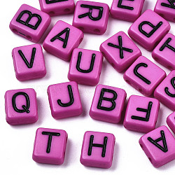 Opaque Acrylic Multi-Strand Links, for Tile Elastic Bracelets Making, Rectangle with Black Letter, Mixed Letters, Magenta, 8x8x4mm, Hole: 1.6mm, about 1509pcs/387g(MACR-N008-34B)