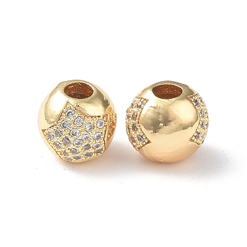 Brass Micro Pave Cubic Zirconia Beads, Round with Star, Real 18K Gold Plated, 8x7.5mm, Hole: 3mm