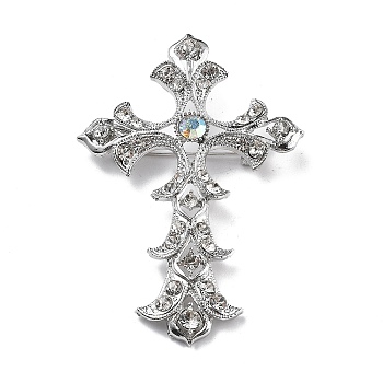 Cross Alloy Rhinestone Brooch Pins, Platinum, 86.5x58.5mm